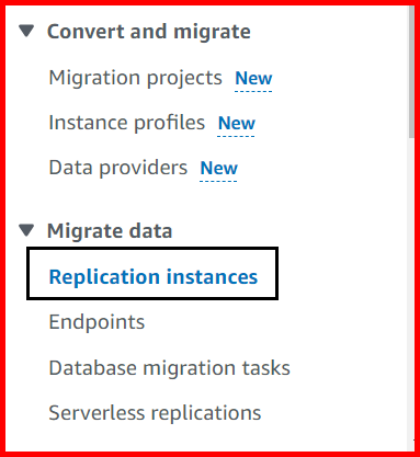 Picture showing the Replication instance in the Migration data menu